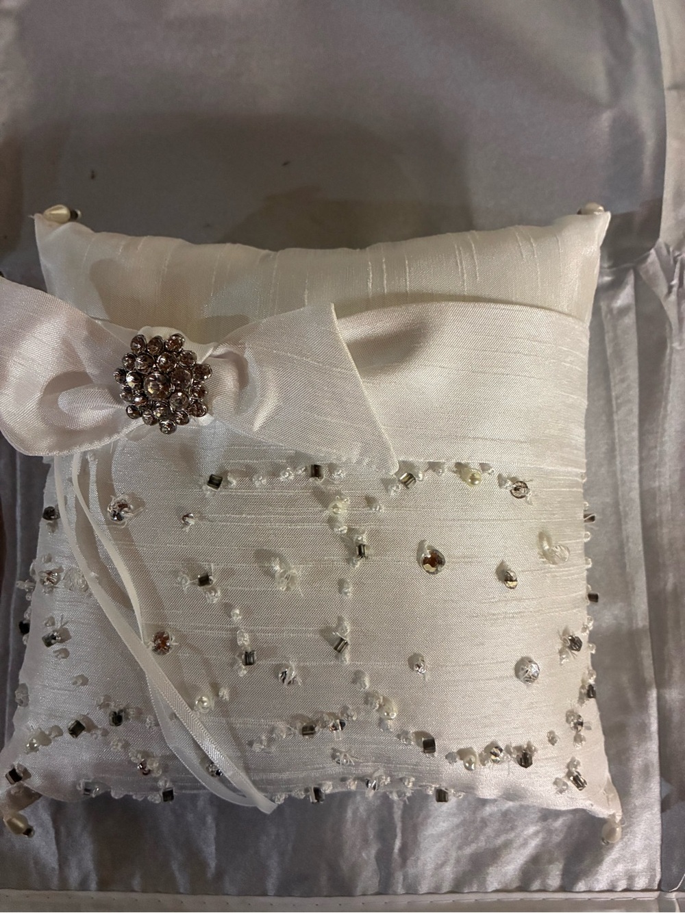 Embellished White Satin Ring Bearer Pillow with Rhinestone Bow